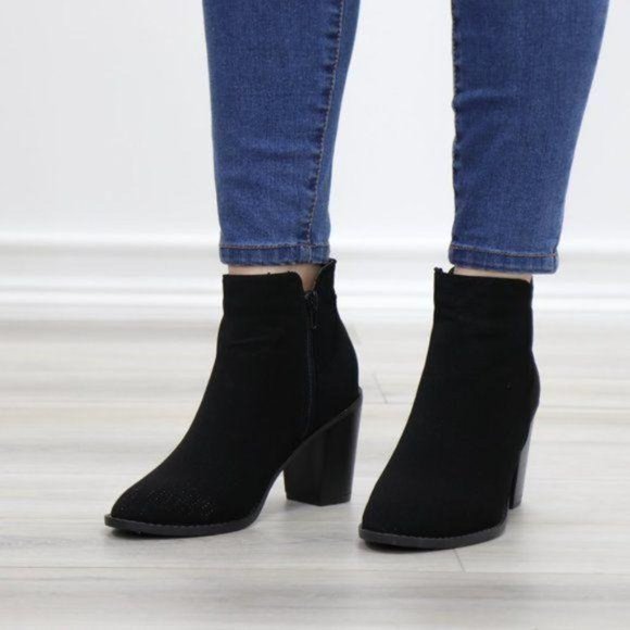 Black Perforated Design Ankle Heeled Boots - Picture 7 of 16